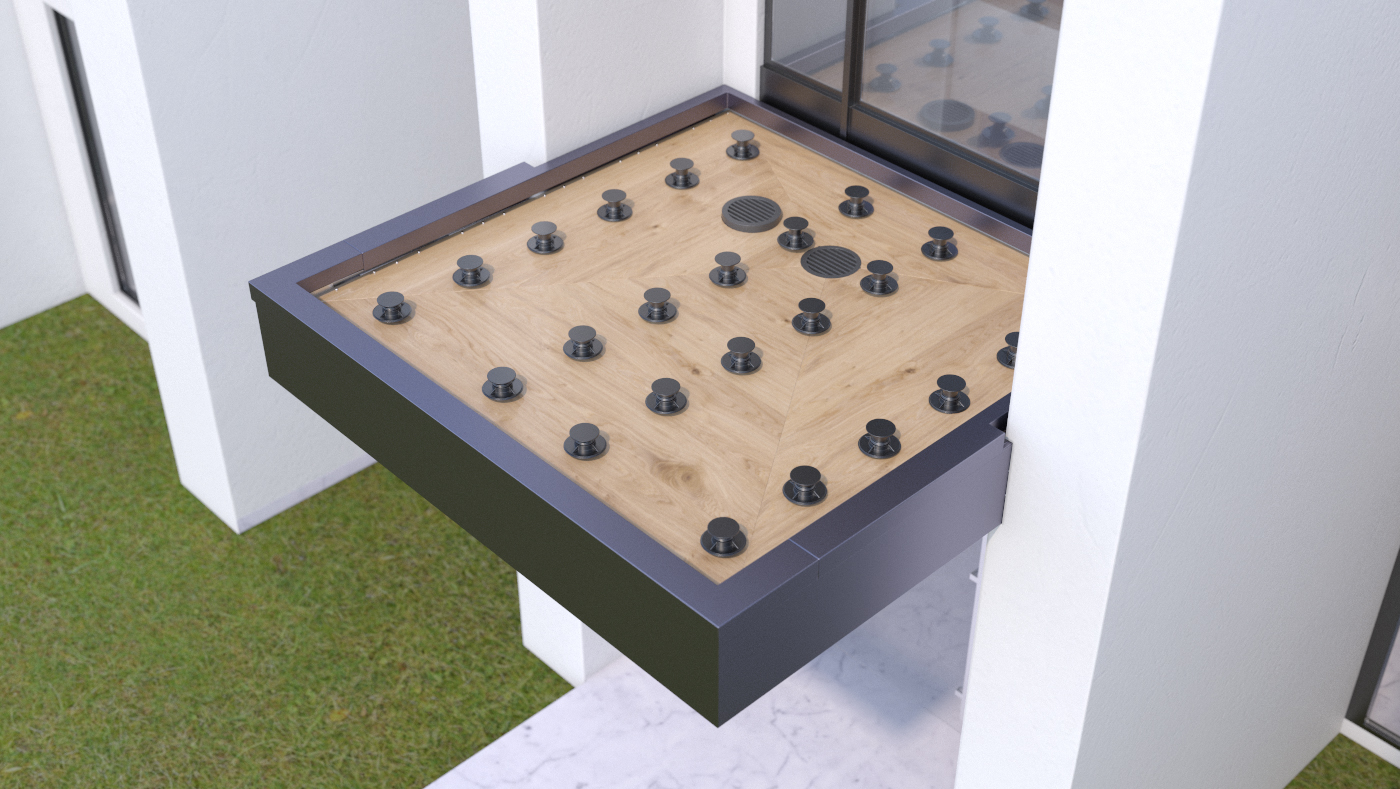 Photorealistic 3D top view rendering of modern building entry roof canopy construction showing wooden decking with dark gray perimeter trim