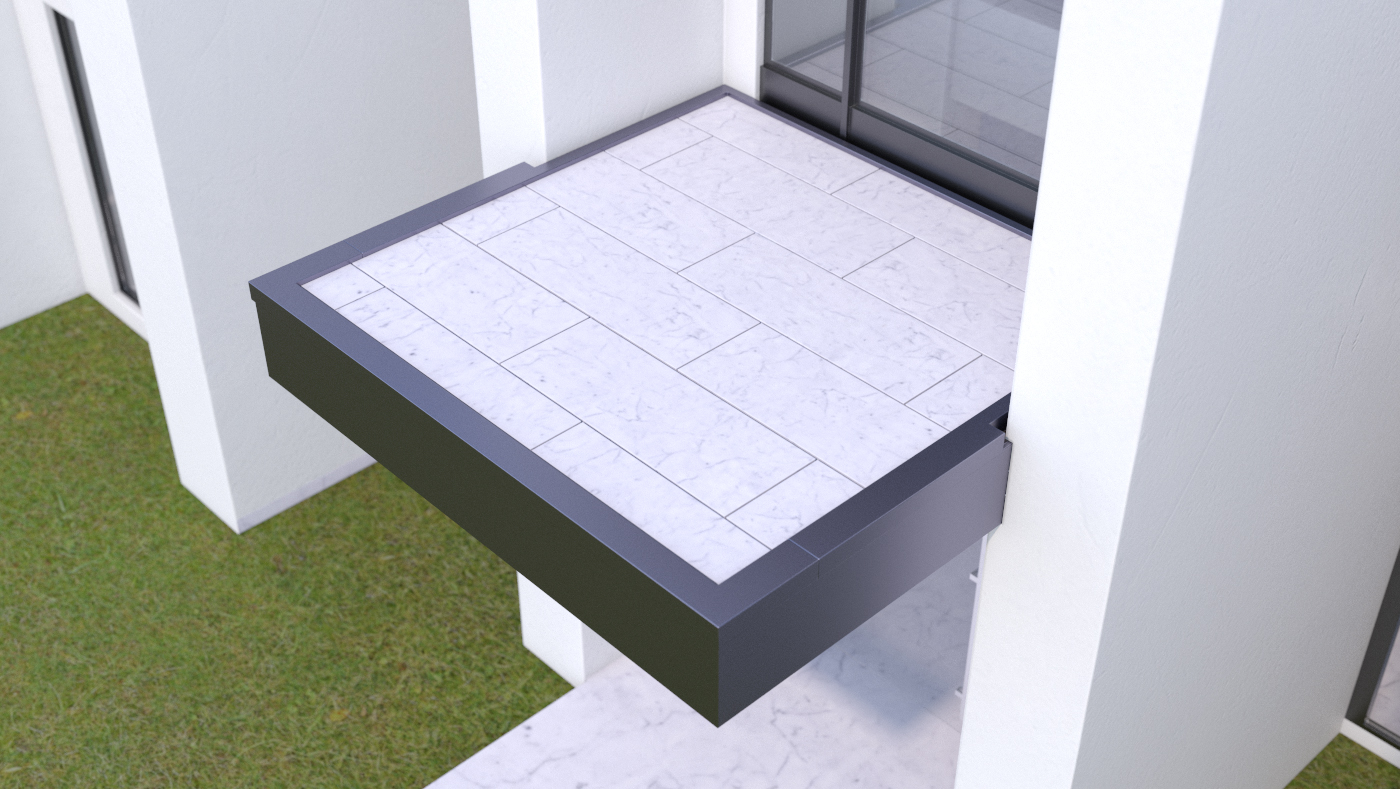 Photorealistic 3D top view rendering of modern building entry roof canopy construction showing final white marble tile flooring