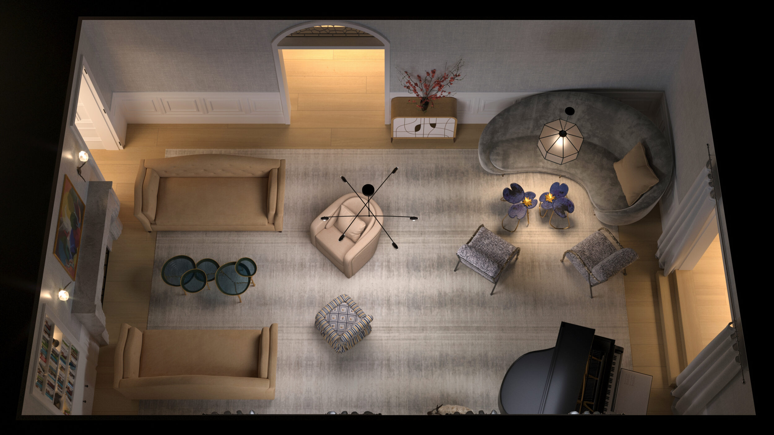 Overhead 3D floor plan rendering of a formal living room with curved sofa, armchairs, piano, and warm wood flooring