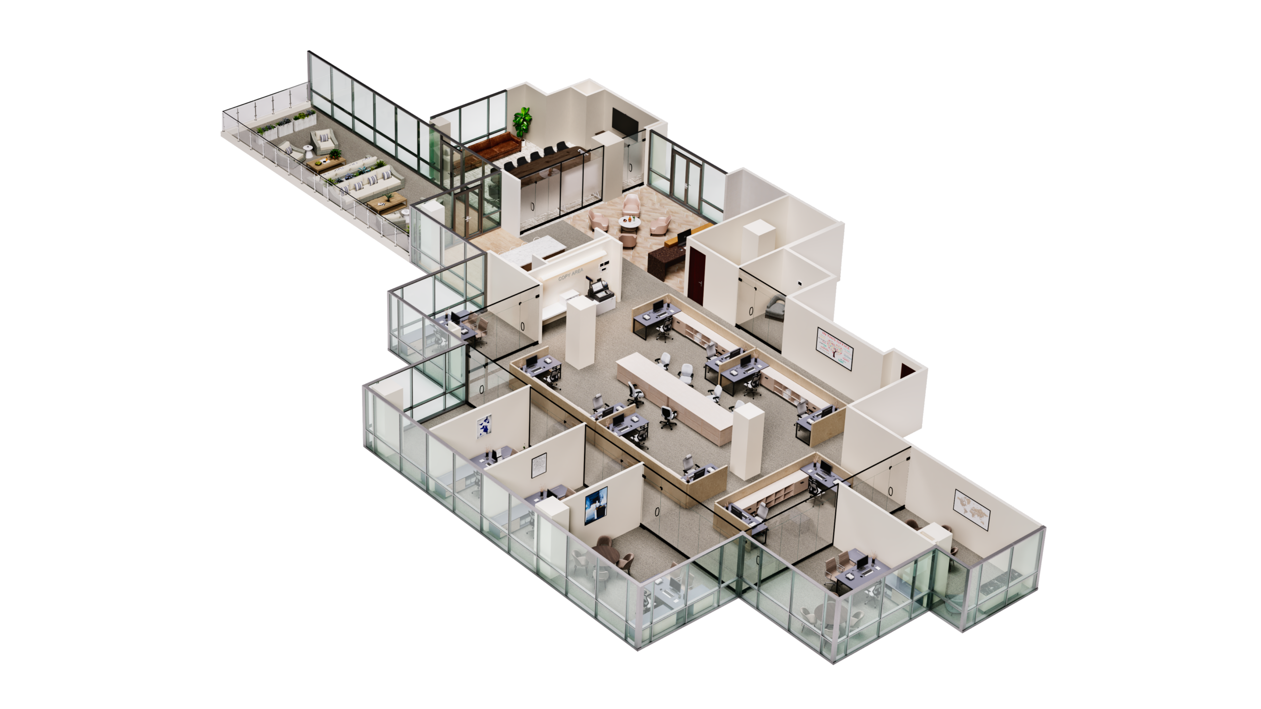 Isometric 3D floor plan rendering of a commercial office with workstations, glass offices, meeting rooms, lounge, and terrace