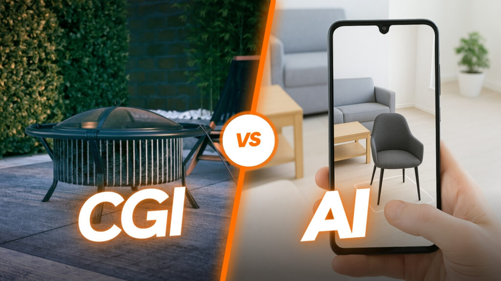 Photoreal CGI scene beside an AI generated variation to compare control and accuracy.