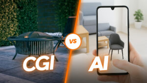 Photoreal CGI scene beside an AI generated variation to compare control and accuracy.