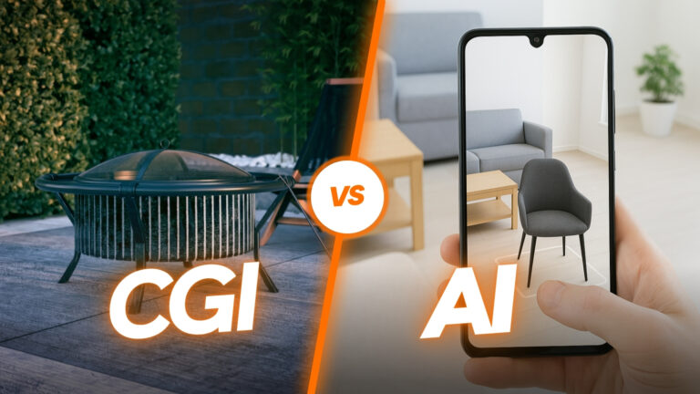 Photoreal CGI scene beside an AI generated variation to compare control and accuracy.