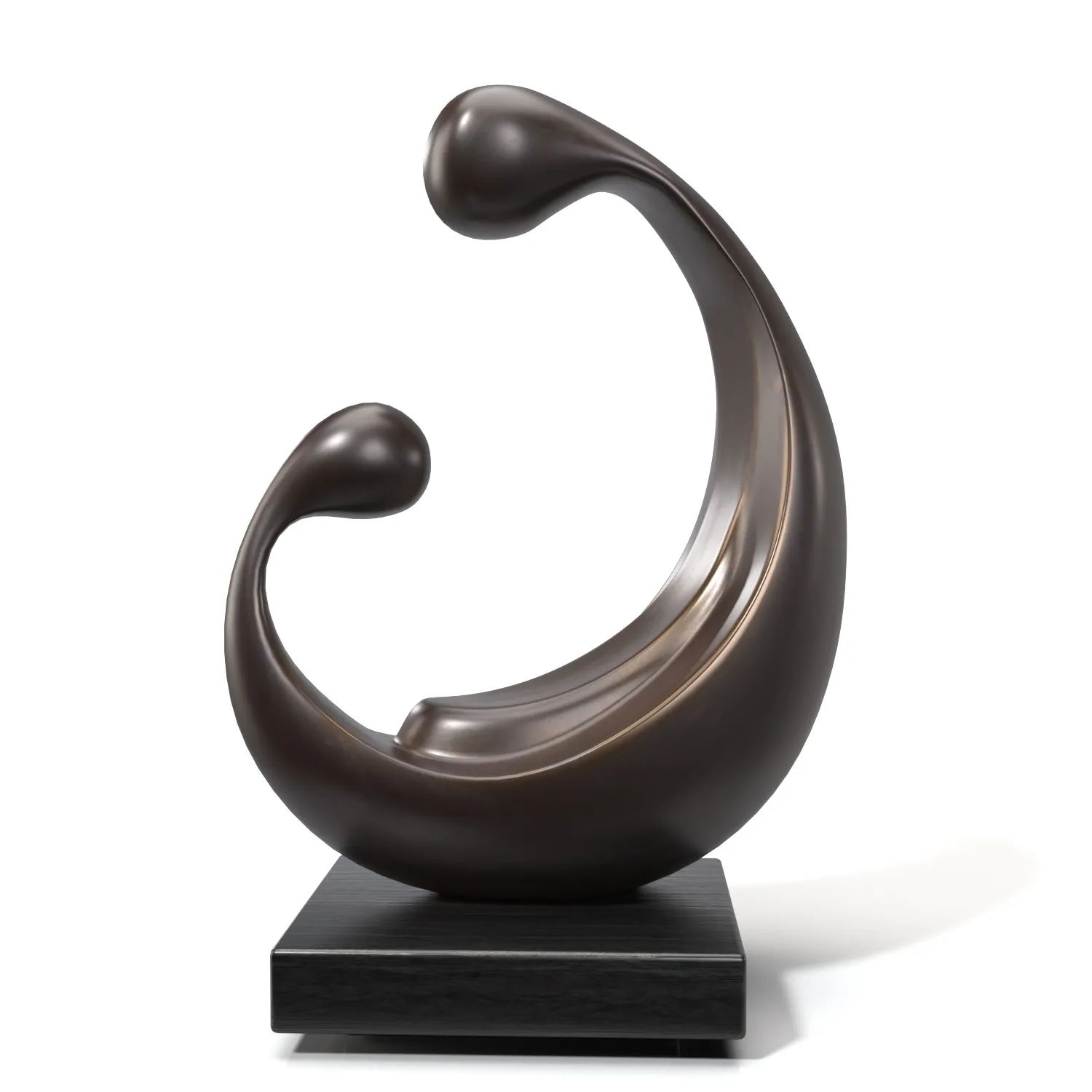 Photorealistic 3D rendering of abstract bronze sculpture “Compassion” showing mother and child in flowing embrace on black base