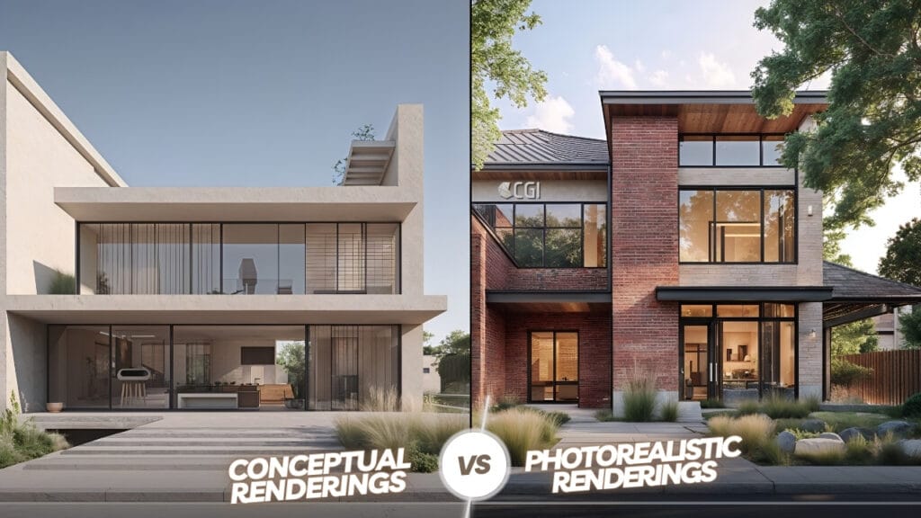 Two houses with matching architecture, illustrating different aesthetics through unique color schemes and details. Actually this is representing Conceptual vs Photorealistic Renderings characteristics.