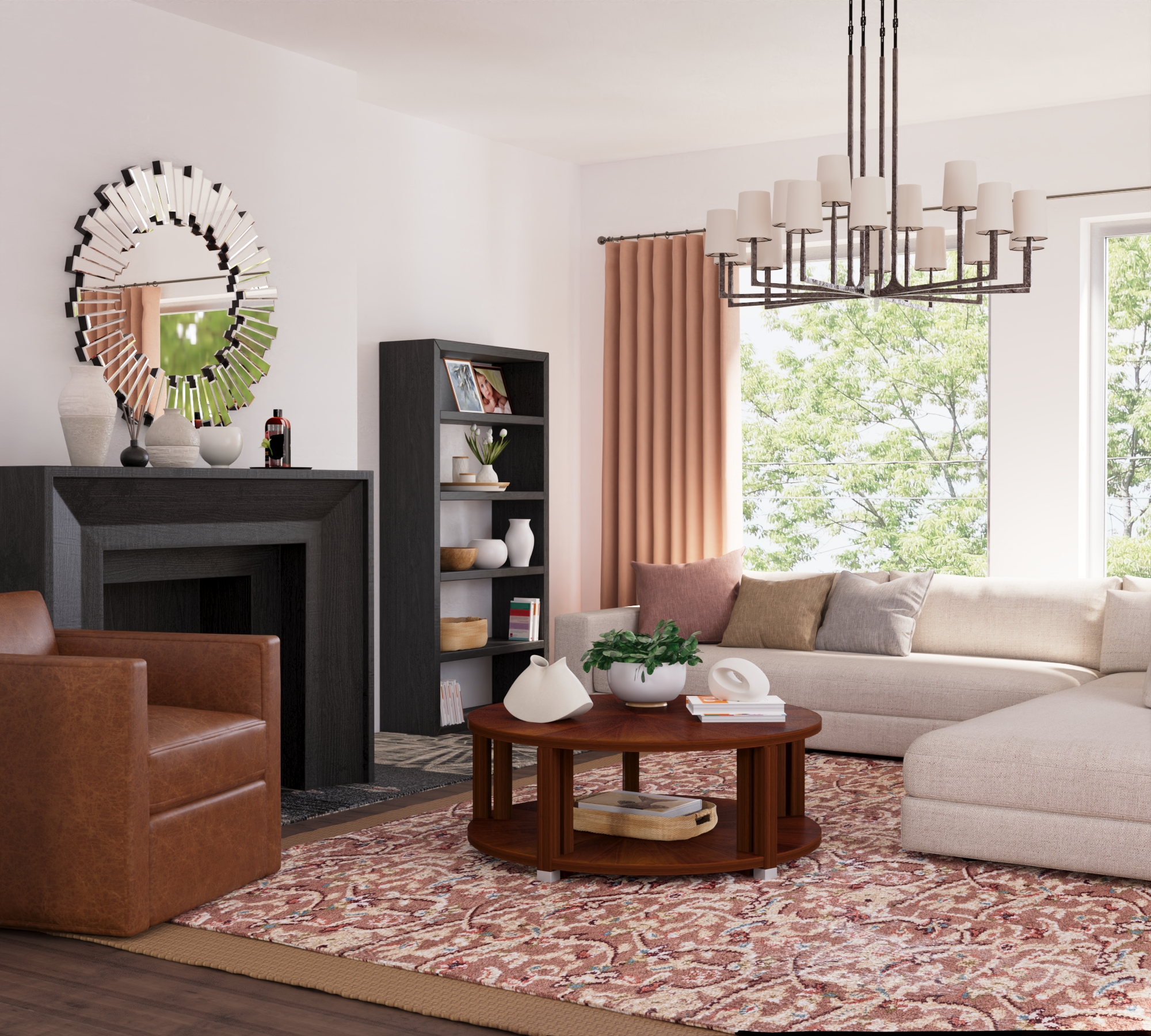 Interior rendering showing an elegant living room with chandelier