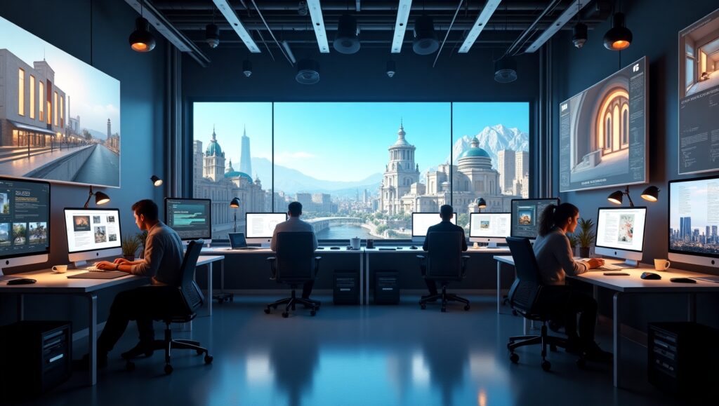 Futuristic 3D rendering studio interior a hightech