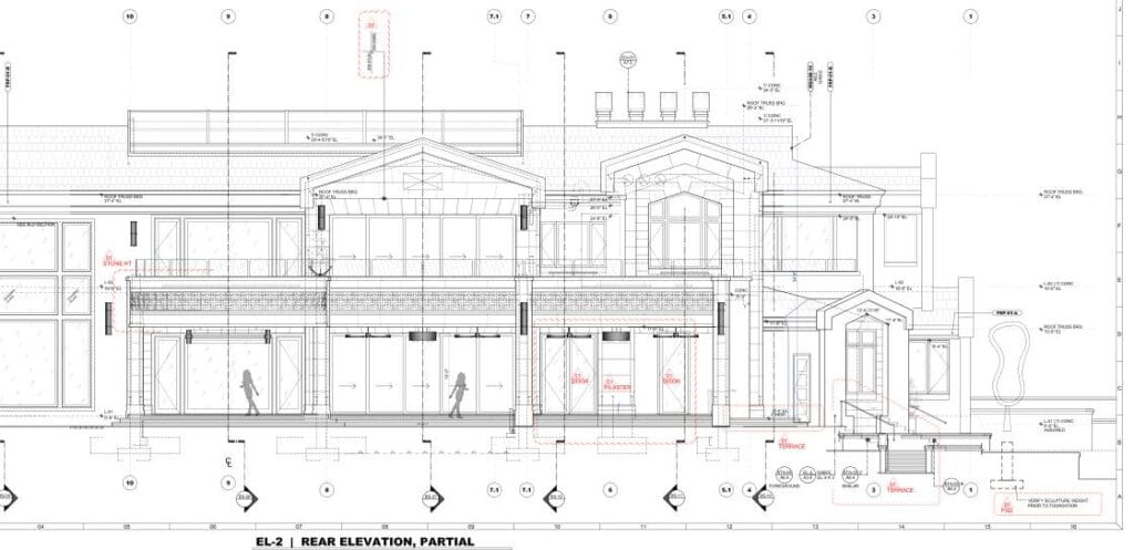 Exterior elevations vertical view of a building's exterior walls or facades, providing information about the design, dimensions, and appearance of the building's exterior elements