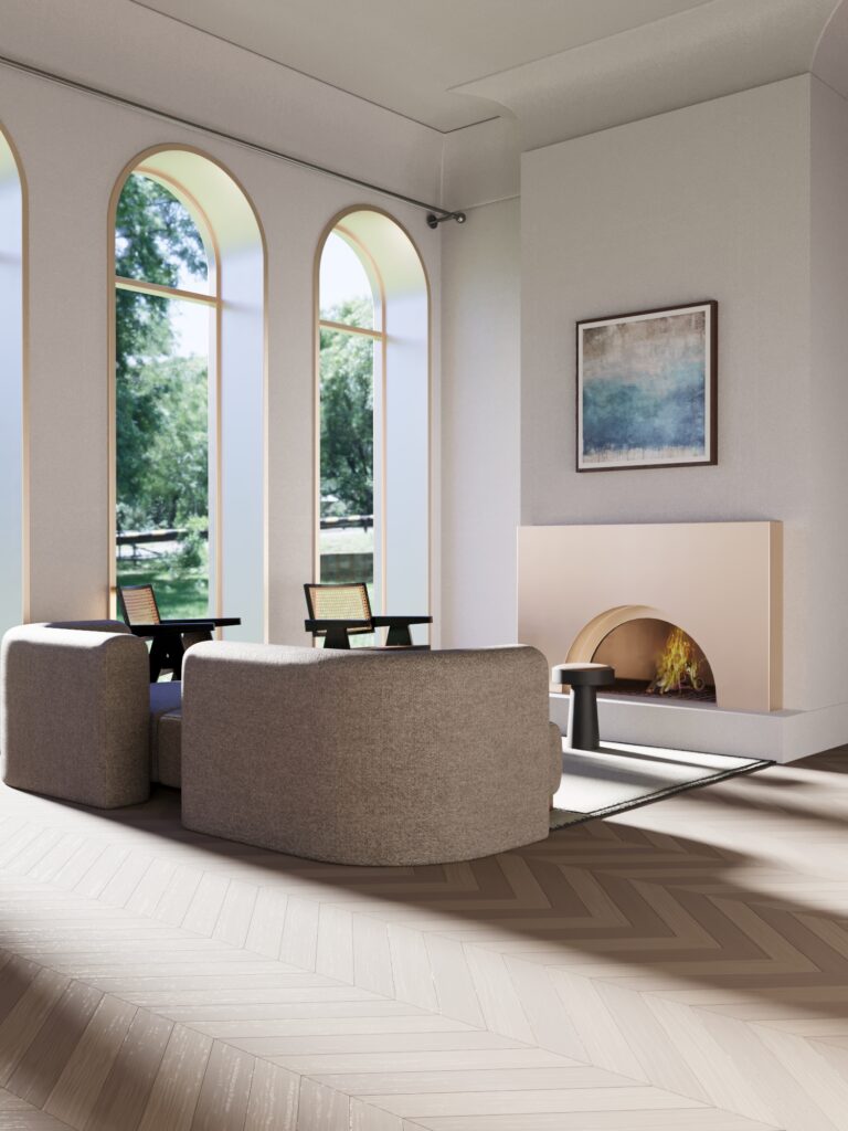 Luxury living room rendering with modern fireplace and artwork