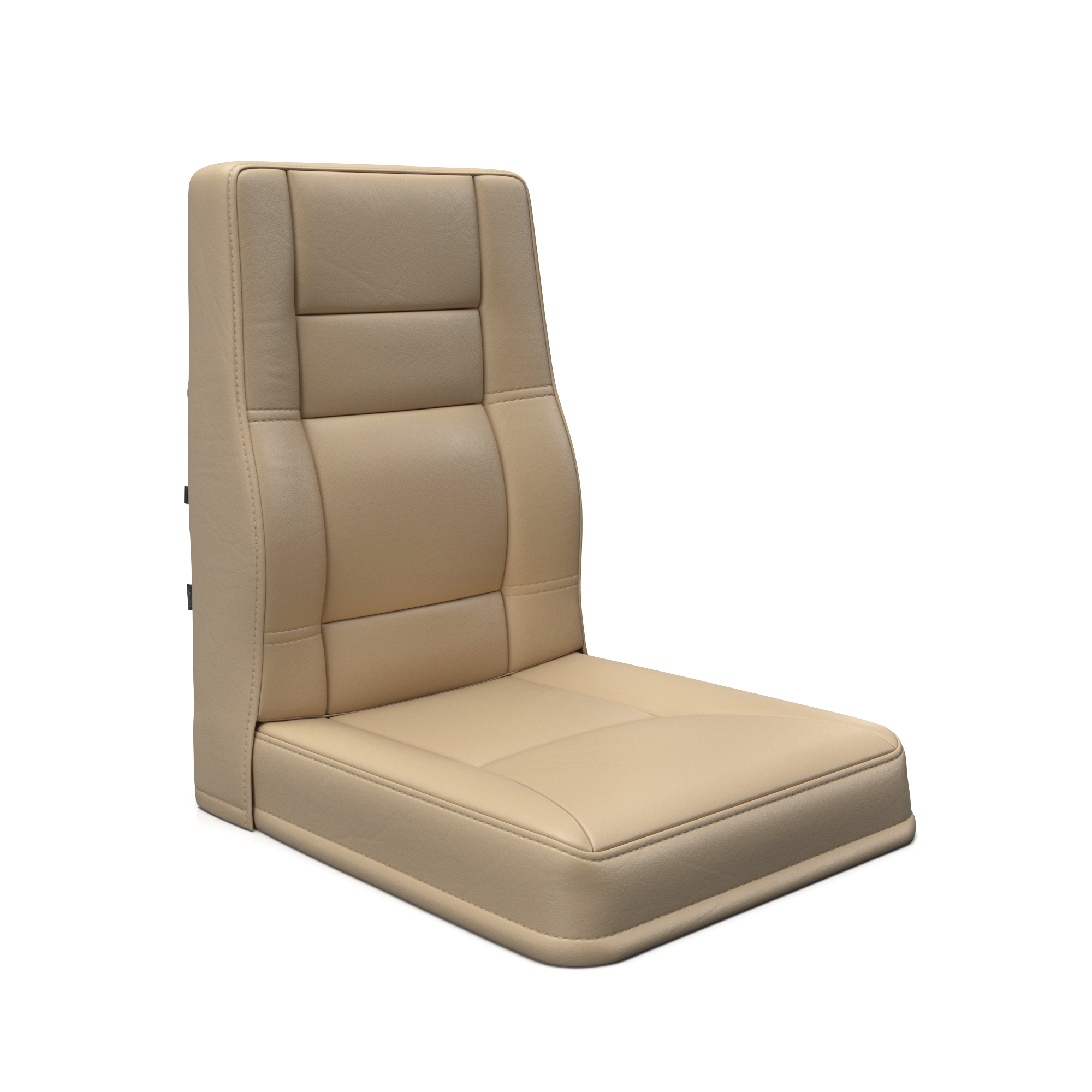 Photorealistic 3D rendering of luxury tan leather airplane seat with detailed stitching and metal mechanical base
