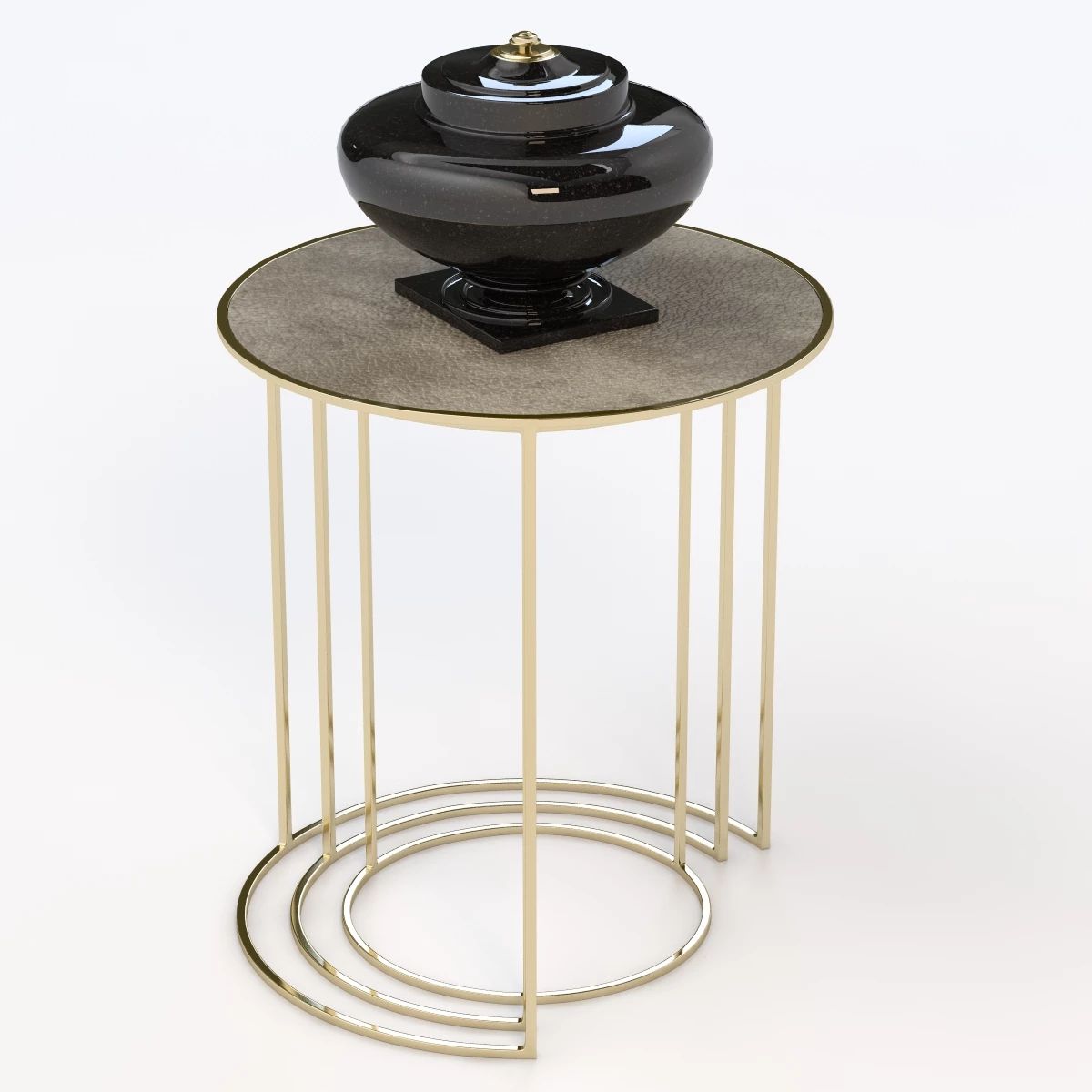 Photorealistic 3D rendering of elegant round gold side table with textured top and glossy black decorative vase