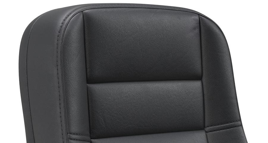 Close-up photorealistic 3D rendering of black leather airplane seat backrest showing detailed horizontal panels and fine stitching