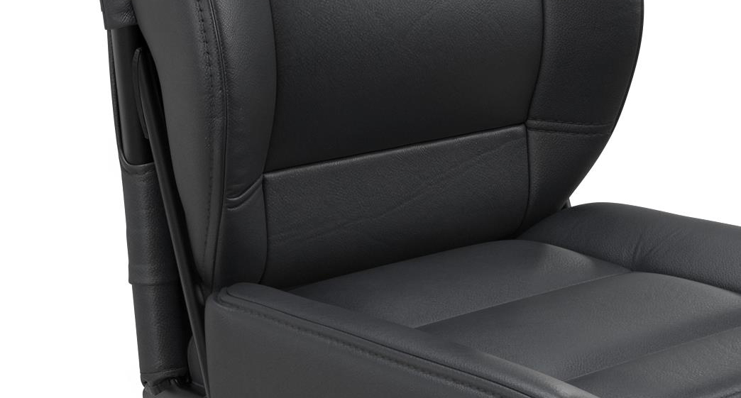 Close-up photorealistic 3D rendering of black leather airplane seat showing side panel, armrest and cushioned seat base with precise stitching