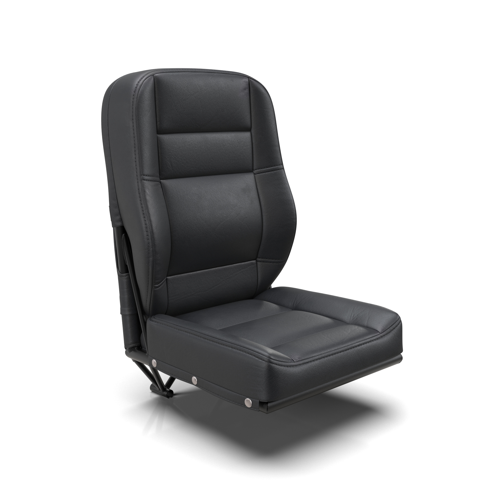 Photorealistic 3D rendering of black leather luxury vehicle or marine seat with detailed stitching and metal mechanical base