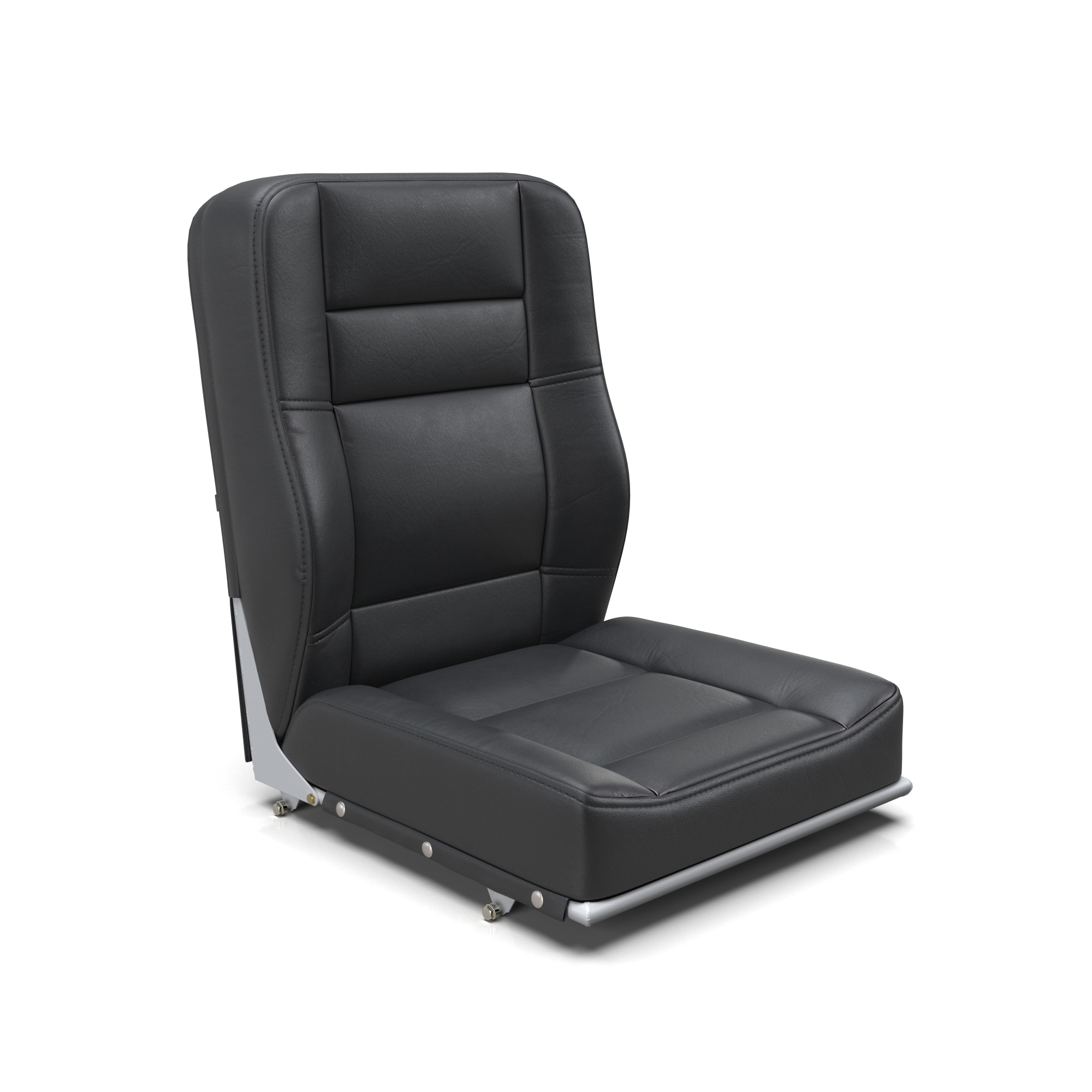 Photorealistic 3D rendering of modern black leather airplane seat with fine stitching and metal mechanical base