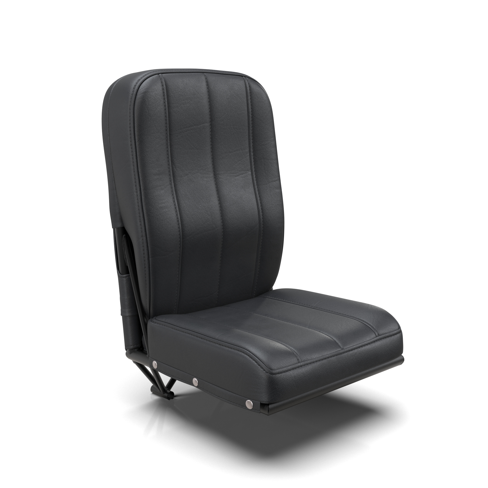 Photorealistic 3D rendering of premium black leather airplane seat with elegant design and adjustable mechanical base