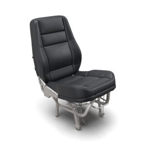 Photorealistic 3D rendering of luxury black leather airplane seat with detailed stitching and metal mechanical base
