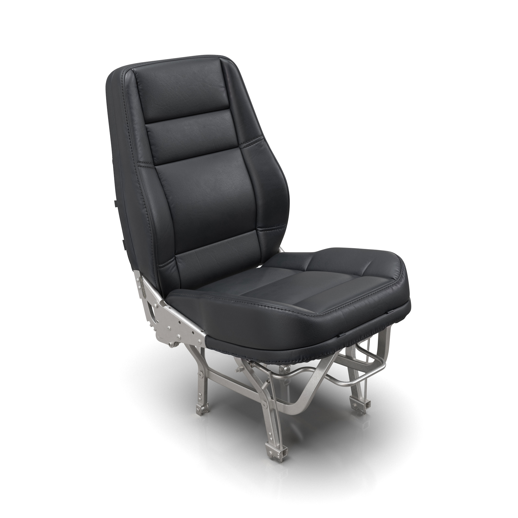 Photorealistic 3D rendering of luxury black leather airplane seat with detailed stitching and metal mechanical base