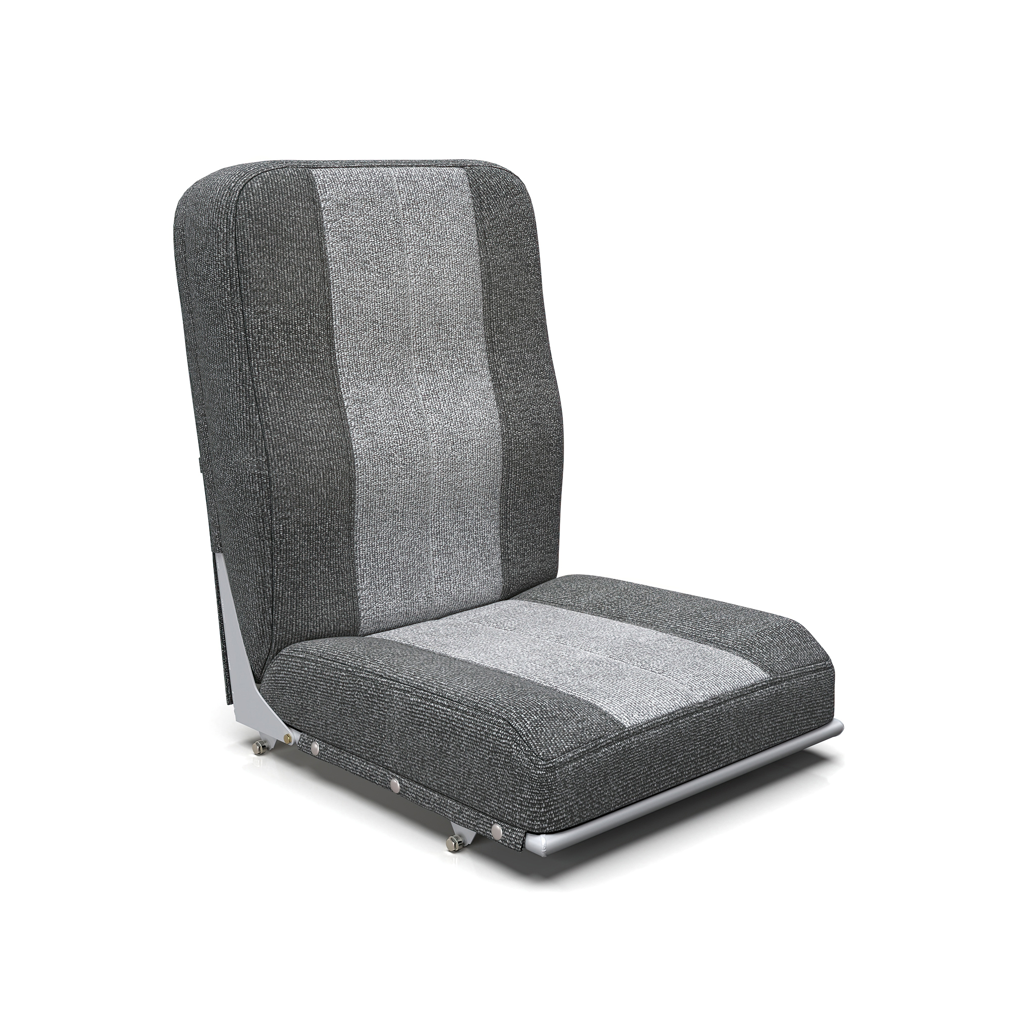 Photorealistic 3D rendering of coal gray fabric airplane seat with textured upholstery and metal mechanical base