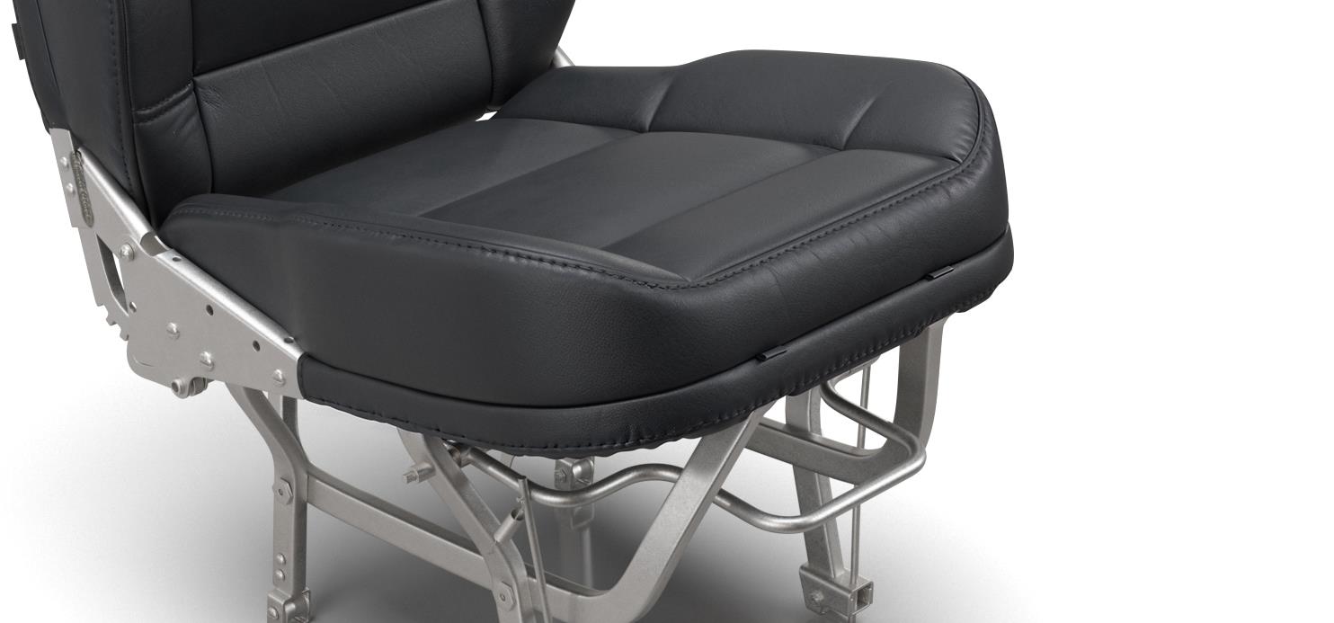 Close-up photorealistic 3D rendering of black leather airplane seat showing side panel, armrest and cushioned seat base