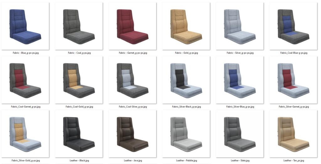 Photorealistic 3D rendering grid showing multiple luxury airplane seat design variations in different fabric and leather colors and textures
