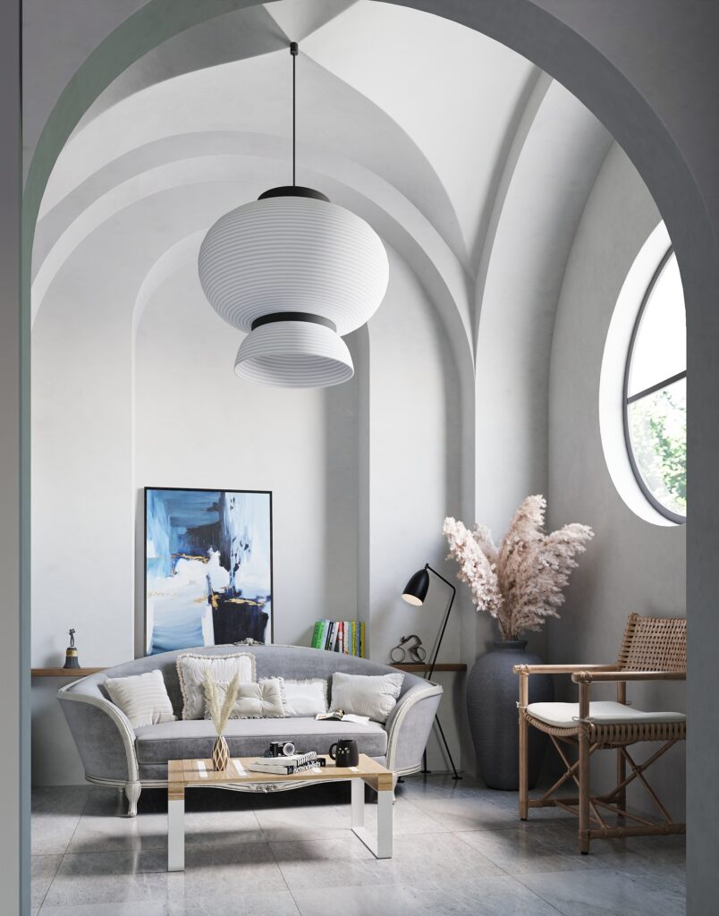 Living room 3D render with arched ceiling and artistic decor