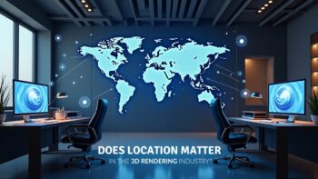 Futuristic workspace with dual monitors and a glowing world map, symbolizing global connectivity in the 3D rendering industry.