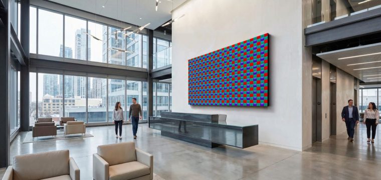 Photorealistic 3D rendering of bright modern open lobby with colorful grid wall art, glass-top reception desk, beige armchairs, high ceiling with pendant lights and people walking through the space