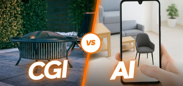 Photoreal CGI scene beside an AI generated variation to compare control and accuracy.