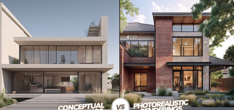 Two houses with matching architecture, illustrating different aesthetics through unique color schemes and details. Actually this is representing Conceptual vs Photorealistic Renderings characteristics.