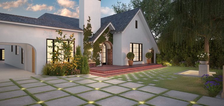 Visualization of a house renovation with a stylish patio and lush garden, emphasizing comfort and modern aesthetics