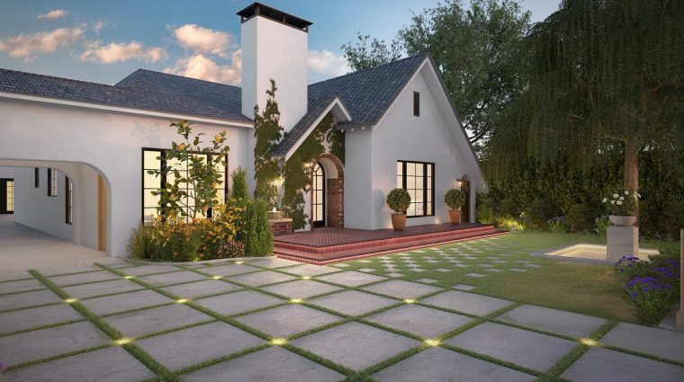 Visualization of a house renovation with a stylish patio and lush garden, emphasizing comfort and modern aesthetics