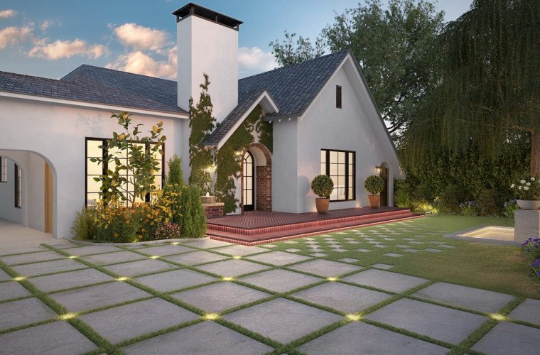 Visualization of a house renovation with a stylish patio and lush garden, emphasizing comfort and modern aesthetics