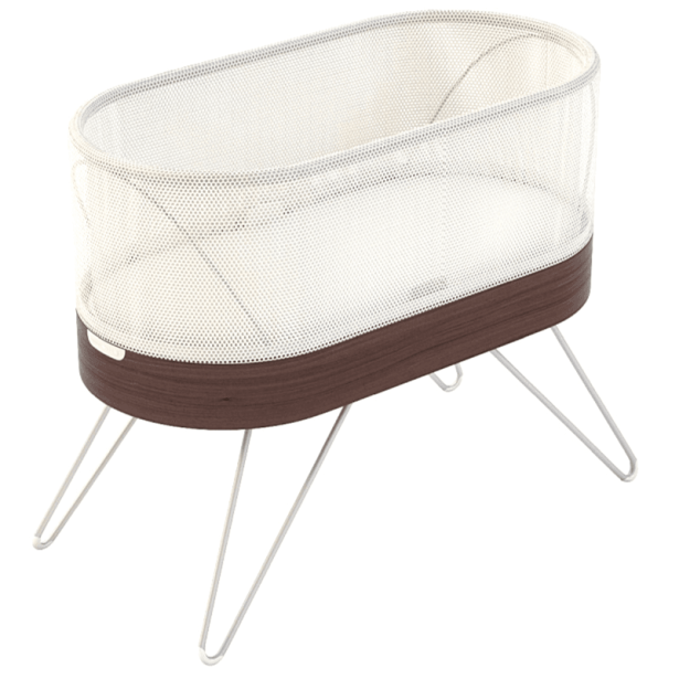 a modern baby bassinet with mesh sides and wooden accents, created to highlight nursery decor and baby product visualization