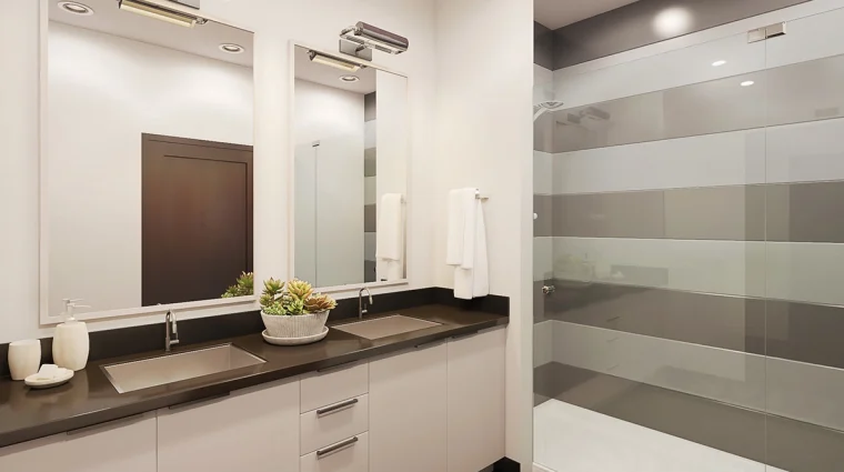 3D rendering of a modern bathroom featuring a double sink vanity, large mirrors, and a glass shower enclosure, showcasing clean and elegant design.