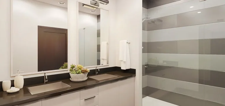 3D rendering of a modern bathroom rendering featuring a double sink vanity, large mirrors, and a glass shower enclosure, showcasing clean and elegant design.