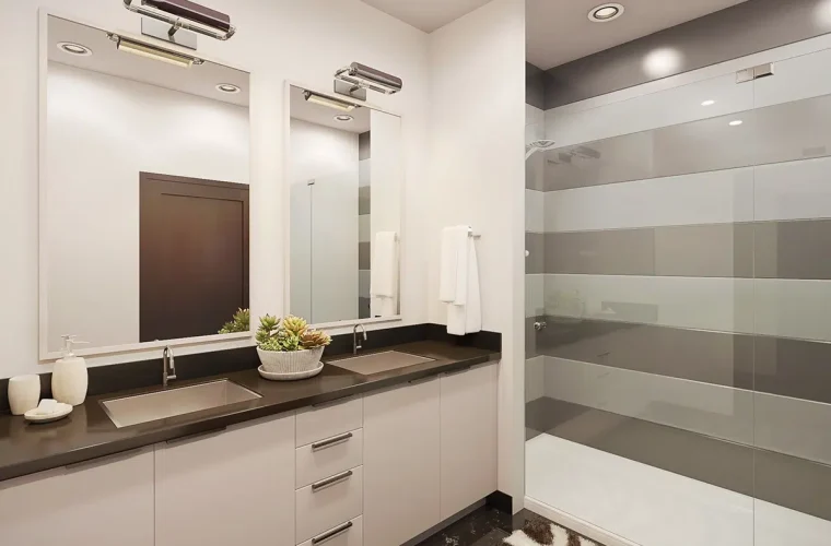 3D rendering of a modern bathroom featuring a double sink vanity, large mirrors, and a glass shower enclosure, showcasing clean and elegant design.