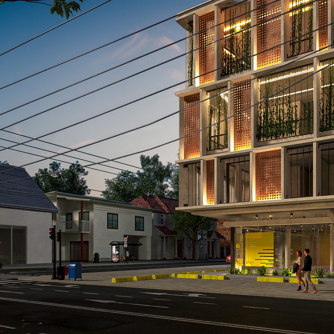commercial-building-exterior-evening-render Commercial architectural rendering at evening – professional 3D rendering.