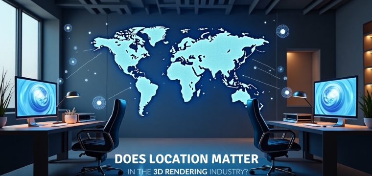 Futuristic workspace with dual monitors and a glowing world map, symbolizing global connectivity in the 3D rendering industry.