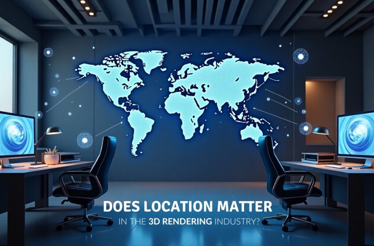 Futuristic workspace with dual monitors and a glowing world map, symbolizing global connectivity in the 3D rendering industry.