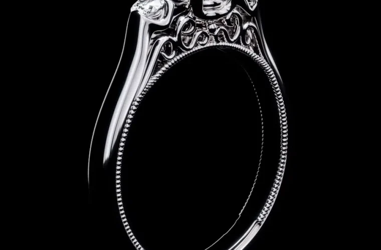3D jewelry rendering of a white metal ring with intricate detailing on a black background, highlighting luxury design.