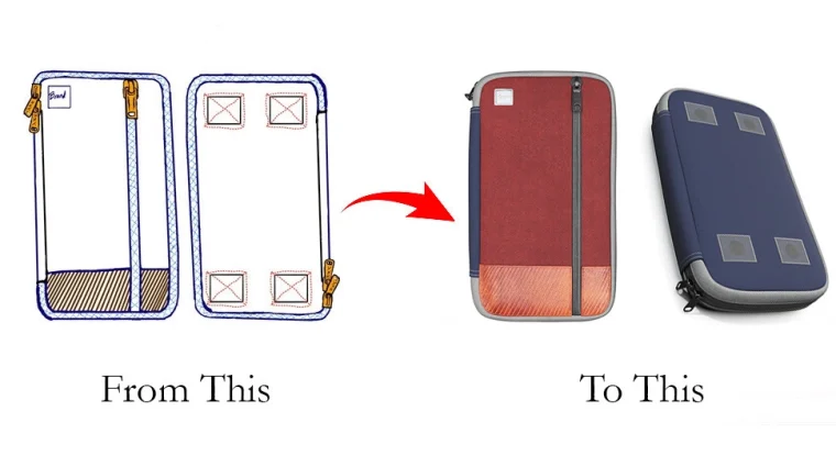 Comparison image showing the transformation from a concept sketch to a 3D rendering of a pocket bag, highlighting 3D product Rendering