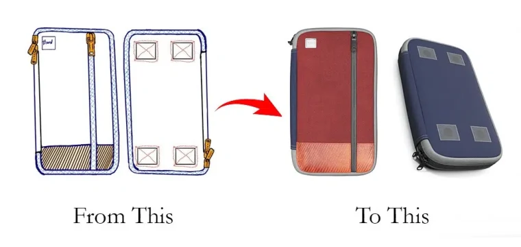Comparison image showing the transformation from a concept sketch to a 3D rendering of a pocket bag, highlighting 3D product Rendering
