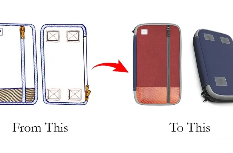 Comparison image showing the transformation from a concept sketch to a 3D rendering of a pocket bag, highlighting 3D product Rendering