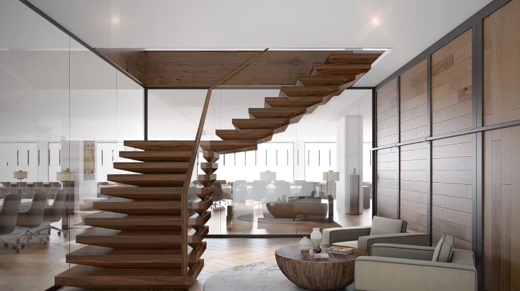 3D rendering of a contemporary office space with a floating wooden staircase, glass walls, and seating area, emphasizing Product visualization.