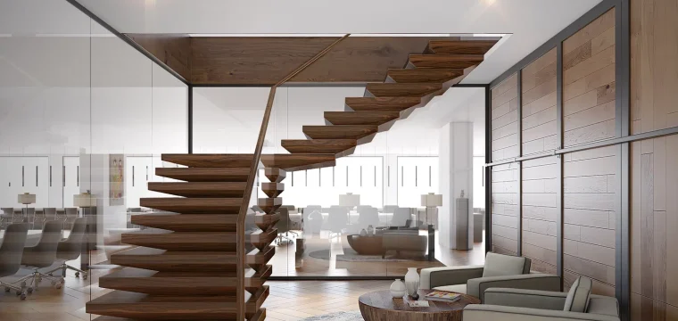 3D rendering of a contemporary office space with a floating wooden staircase, glass walls, and seating area, emphasizing Product visualization.