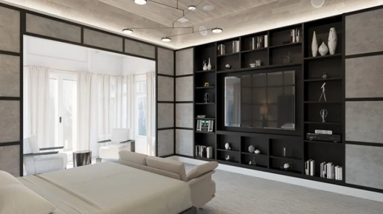 A living room with built-in black shelving, a sofa, and large windows. This Interior Rendering was done for Rubin Residence