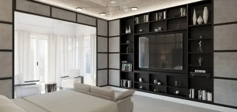 A living room with built-in black shelving, a sofa, and large windows. This Interior Rendering was done for Rubin Residence