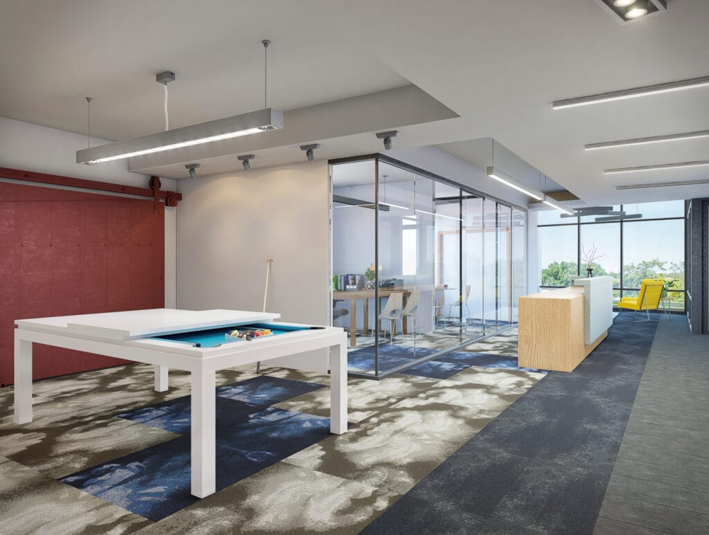 Modern office interior render with glass-walled meeting room, white pool table, bold red accent wall, reception desk, and natural lighting from large windows